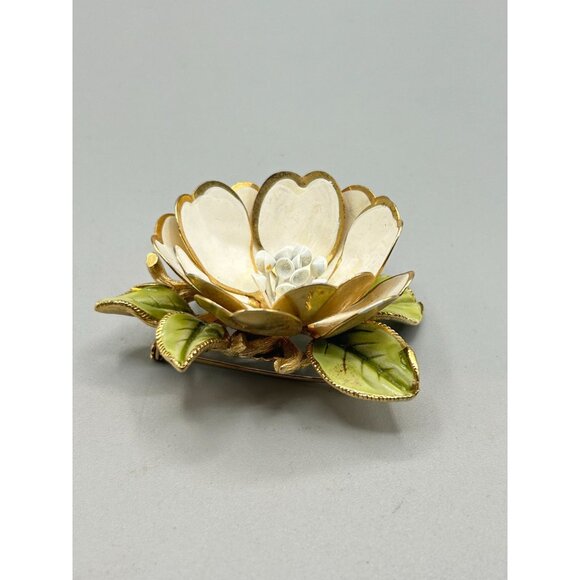 Vintage Coro Corocraft Enamel Beige Flower Brooch Large Statement Costume Pin - Picture 3 of 8